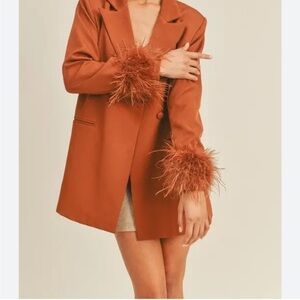 Elegant Rust Feather-Trimmed Blazer Dress